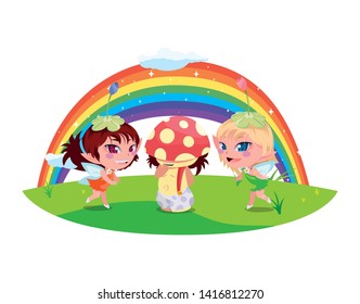 beautiful magic fairies with fungu elf and rainbow