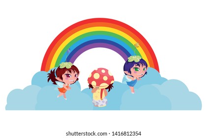 beautiful magic fairies with fungu elf and rainbow
