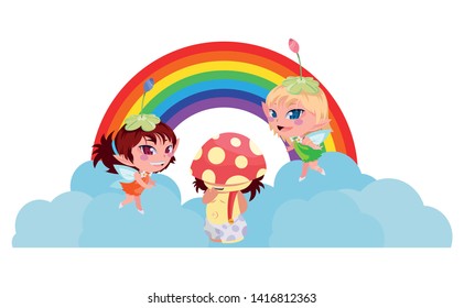 beautiful magic fairies with fungu elf and rainbow