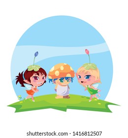 beautiful magic fairies with fungu elf in the garden