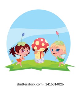 beautiful magic fairies with fungu elf in the garden