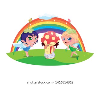 beautiful magic fairies with fungu elf and rainbow