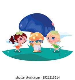 beautiful magic fairies with fungu elf in the garden vector illustration design