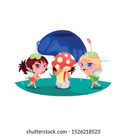 beautiful magic fairies with fungu elf in the garden vector illustration design