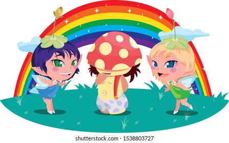 beautiful magic fairies with fungu elf and rainbow vector illustration design