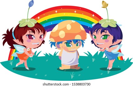 beautiful magic fairies with fungu elf and rainbow vector illustration design