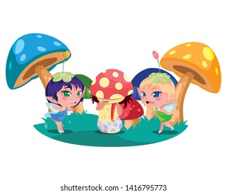 beautiful magic fairies with fungus elf in the garden