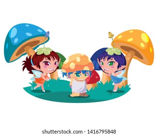 beautiful magic fairies with fungus elf in the garden