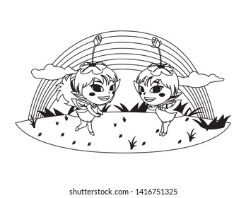 beautiful magic fairies with rainbow scene