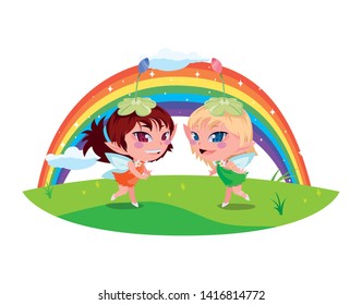 beautiful magic fairies with rainbow scene