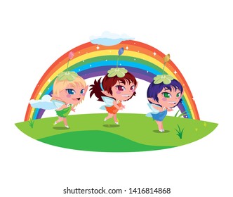 beautiful magic fairies with rainbow scene