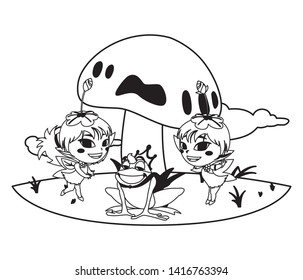 beautiful magic fairies with toad prince in the garden
