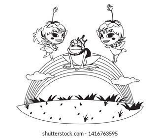 beautiful magic fairies with toad prince and rainbow scene
