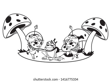 beautiful magic fairies with toad prince in the garden