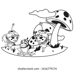 beautiful magic fairies with toad prince in the garden