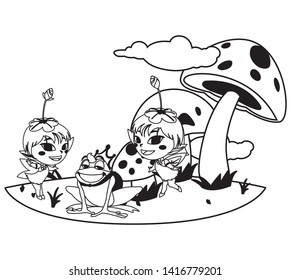 beautiful magic fairies with toad prince in the garden