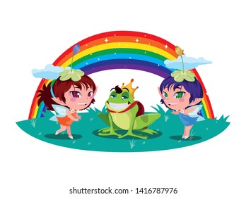 beautiful magic fairies with toad prince and rainbow scene