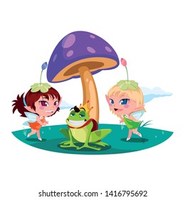beautiful magic fairies with toad prince in the garden
