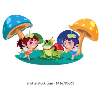 beautiful magic fairies with toad prince in the garden