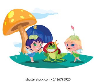 beautiful magic fairies with toad prince in the garden