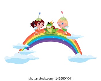 beautiful magic fairies with toad prince and rainbow scene