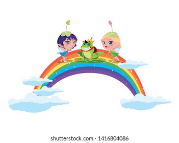 beautiful magic fairies with toad prince and rainbow scene