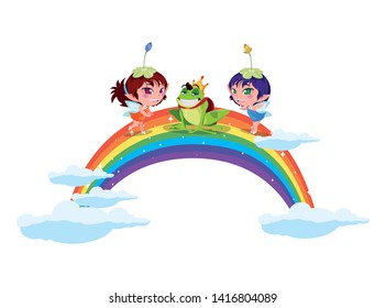 beautiful magic fairies with toad prince and rainbow scene
