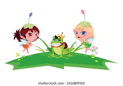 beautiful magic fairies with toad prince in the garden