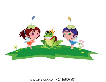 beautiful magic fairies with toad prince in the garden