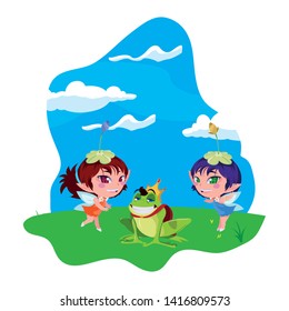 beautiful magic fairies with toad prince in the garden