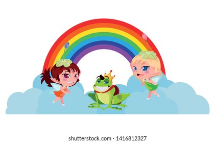 beautiful magic fairies with toad prince and rainbow scene