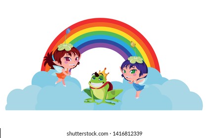 beautiful magic fairies with toad prince and rainbow scene