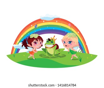 beautiful magic fairies with toad prince and rainbow scene