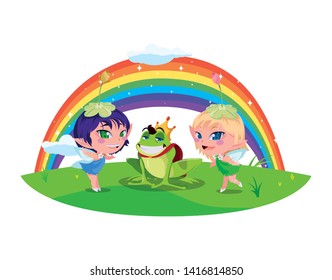 beautiful magic fairies with toad prince and rainbow scene