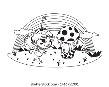 beautiful magic fairy and fungu elf with rainbow scene