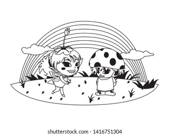 beautiful magic fairy and fungu elf with rainbow scene