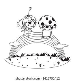 beautiful magic fairy and fungu elf with rainbow scene