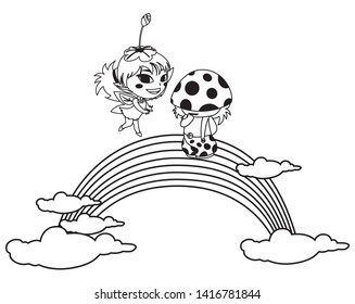 beautiful magic fairy and fungu elf with rainbow scene
