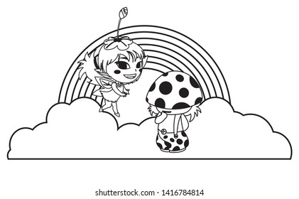 beautiful magic fairy and fungu elf with rainbow scene