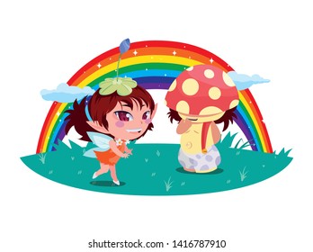 beautiful magic fairy and fungu elf with rainbow scene