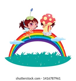 beautiful magic fairy and fungu elf with rainbow scene