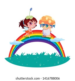 beautiful magic fairy and fungu elf with rainbow scene