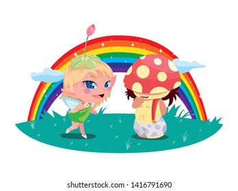 beautiful magic fairy and fungu elf with rainbow scene