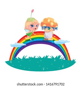 beautiful magic fairy and fungu elf with rainbow scene