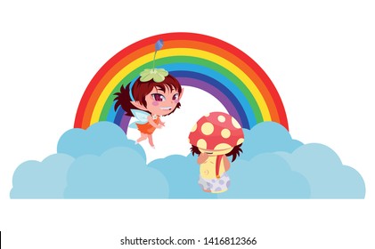 beautiful magic fairy and fungu elf with rainbow scene