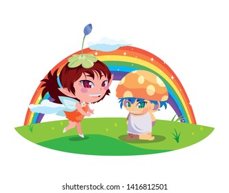 beautiful magic fairy and fungu elf with rainbow scene