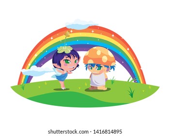 beautiful magic fairy and fungu elf with rainbow scene