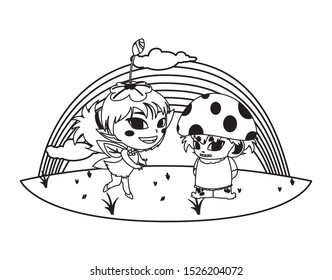 beautiful magic fairy and fungu elf with rainbow scene vector illustration design
