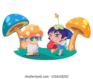 beautiful magic fairy and fungu elf in the garden vector illustration design