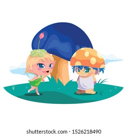 beautiful magic fairy and fungu elf in the garden vector illustration design